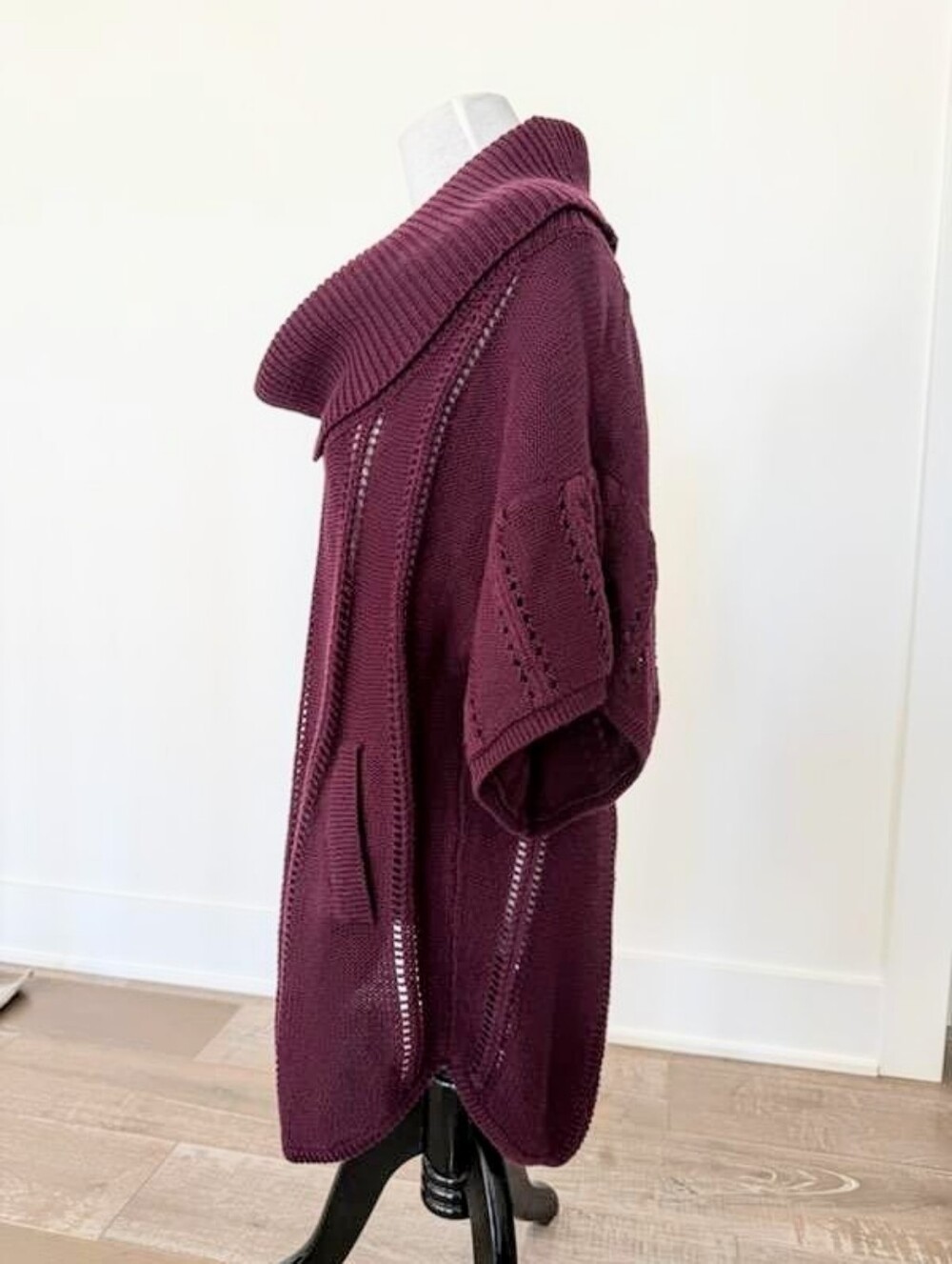 BCBGMAXAZRIA Pointelle Cowl Neck Merino Wool Blend Sweater Burgundy Size Large - Picture 3 of 6